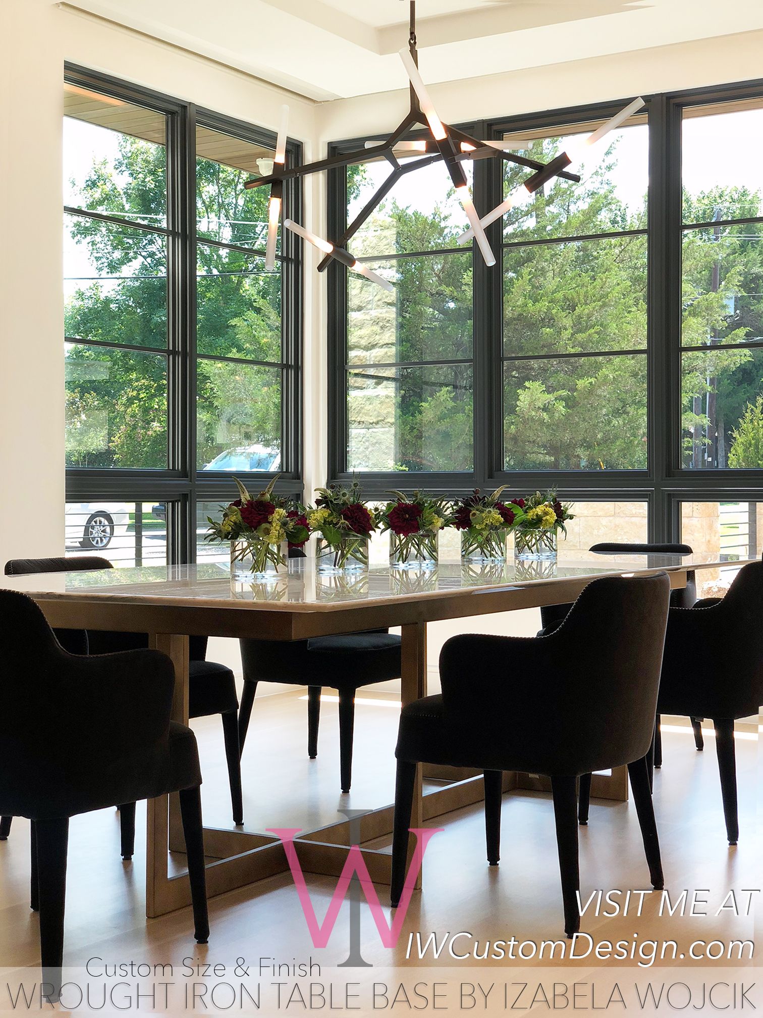 custom dining room table; contemporary clean lines iron with bronze finish